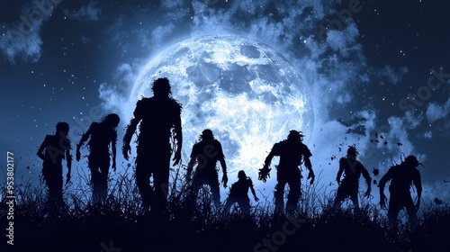 A group of zombie silhouettes approaching ominously against a full moon background.