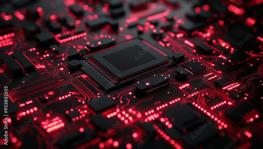 A close up of an advanced circuit board with glowing red and black components, showcasing the power of high-tech electronic technology in action. A close up of an advanced circuit board with glowing red and black components, showcasing the power of high-tech electronic technology in action.