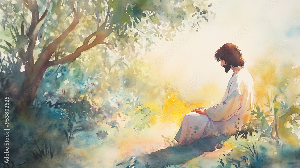 Watercolor illustration of Jesus in the Garden of Gethsemane Watercolor illustration of Jesus in the Garden of Gethsemane