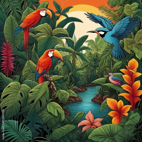 parrot in the jungle , tropical jungle AI Generated 