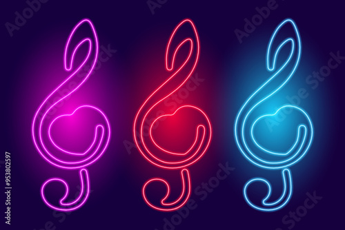 Music treble clef neon set, musical key with heart shape, vector illustration.