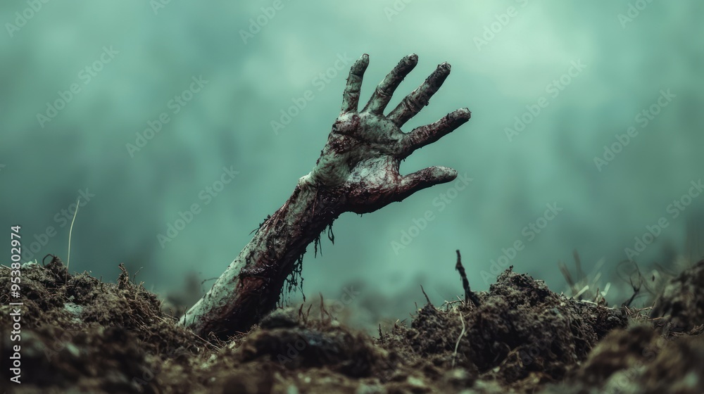 A zombie arm reaching out from a grave, grasping for the surface. A zombie arm reaching out from a grave, grasping for the surface.