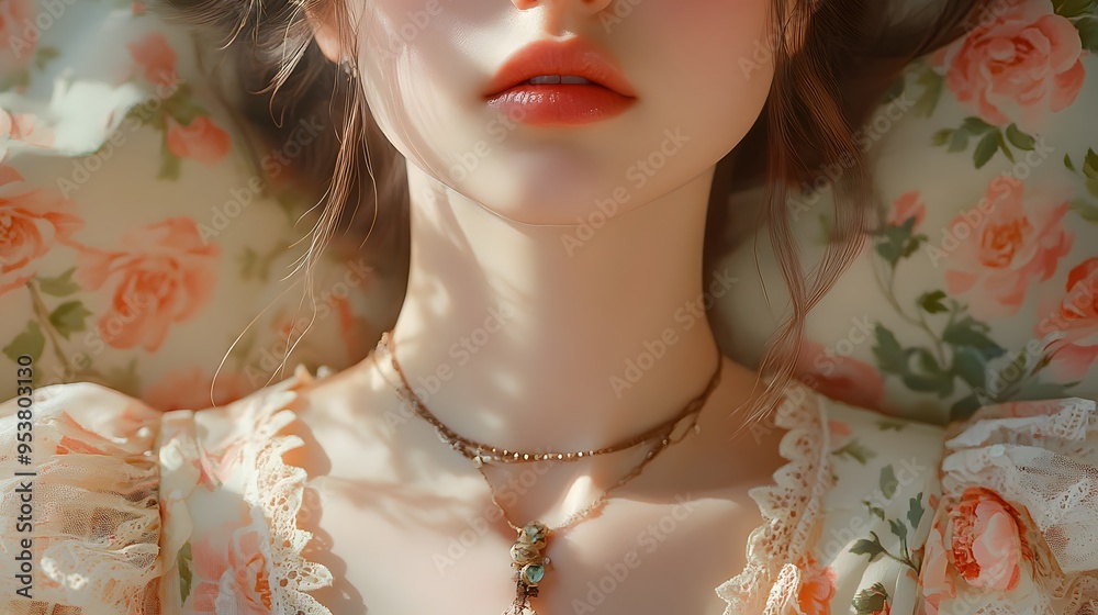 Fototapeta premium Delicate close-up of a woman's lips and neck adorned with floral jewelry in soft lighting