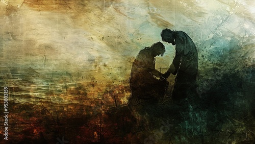 Good Samaritan Helping a Wounded Man in a Rugged Grunge-Style Landscape with Earthy Tones - Inspirational Christian Art Depicting Compassion and Faith