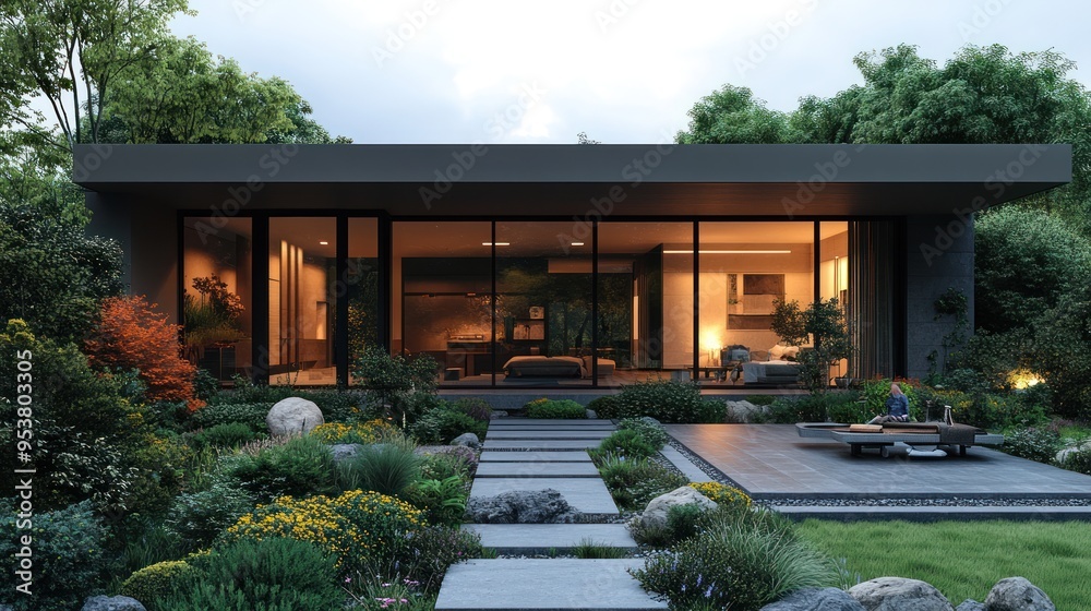 Modern home with large windows surrounded by lush landscaping. Modern home with large windows surrounded by lush landscaping.