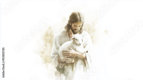 Watercolor illustration of Jesus as the Good Shepherd, holding a lamb gently in His arms, illustrated with delicate brushstrokes and a clean white background