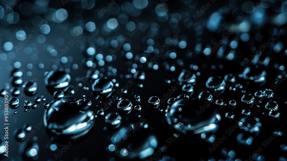 Close-up of water droplets on a dark surface, showcasing reflections and a sense of depth. Close-up of water droplets on a dark surface, showcasing reflections and a sense of depth.