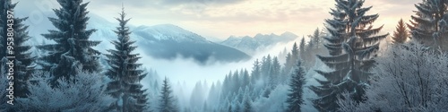 winter landscape with snow-covered trees and mountains providing serene copy space background