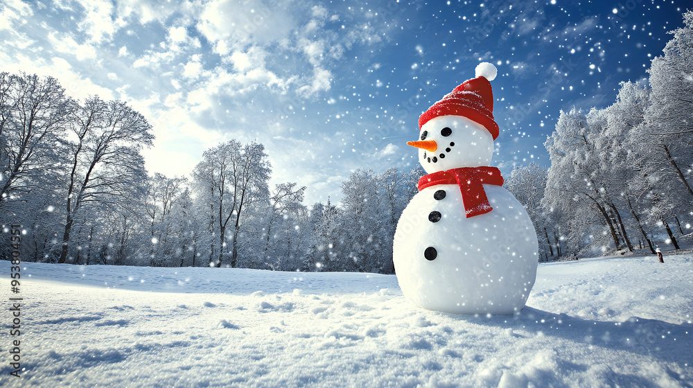 Obraz premium Luminous snowman wearing a red hat and scarf in winter