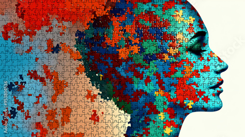 Human head silhouette composed of colorful puzzle pieces photo