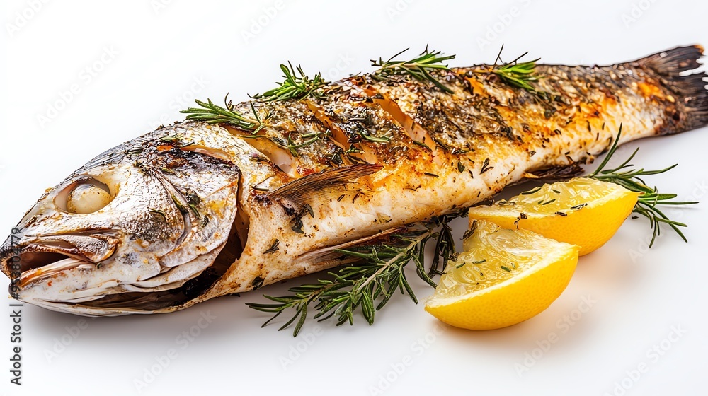 a whole fish baked with herbs, rustic presentation, aromatic and tender, isolated on white background a whole fish baked with herbs, rustic presentation, aromatic and tender, isolated on white background