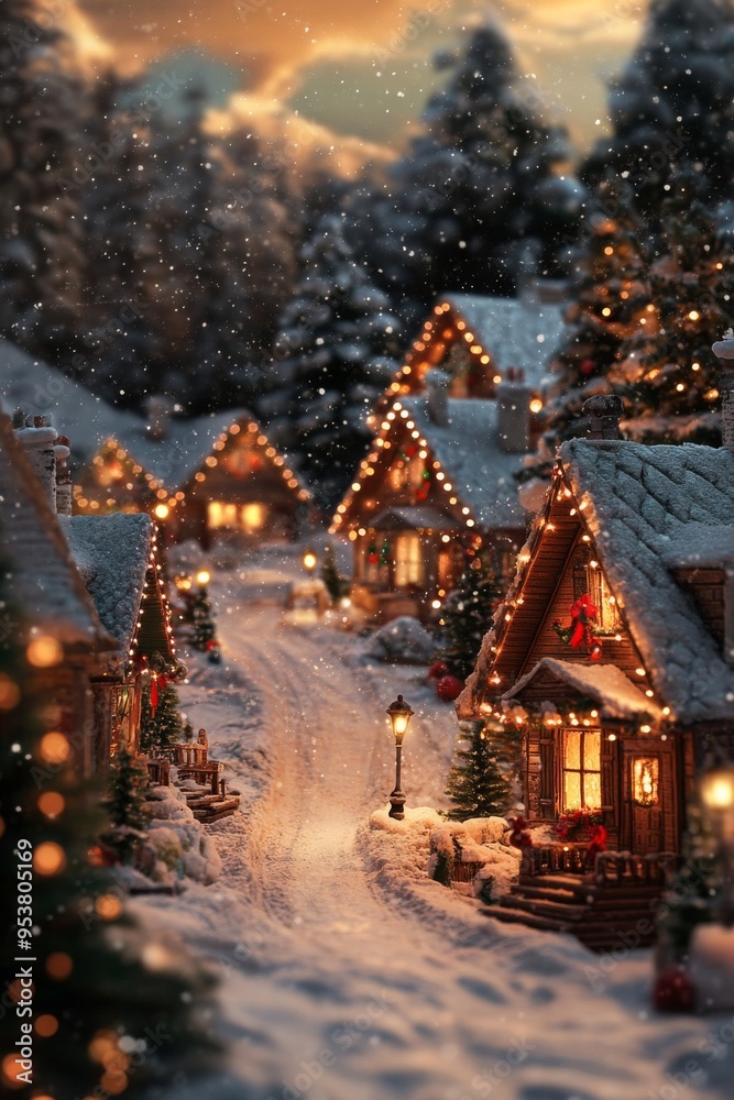 Fototapeta premium Nostalgic Christmas Village at Twilight: A Magical Winter Wonderland Scene