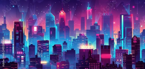 city landscape at night, featuring illuminated buildings, neon lights, and a bustling nightlife.