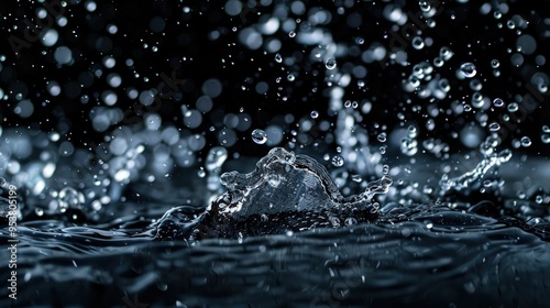 A close-up of water droplets splashing in a dark setting, creating a dynamic and mesmerizing visual effect.