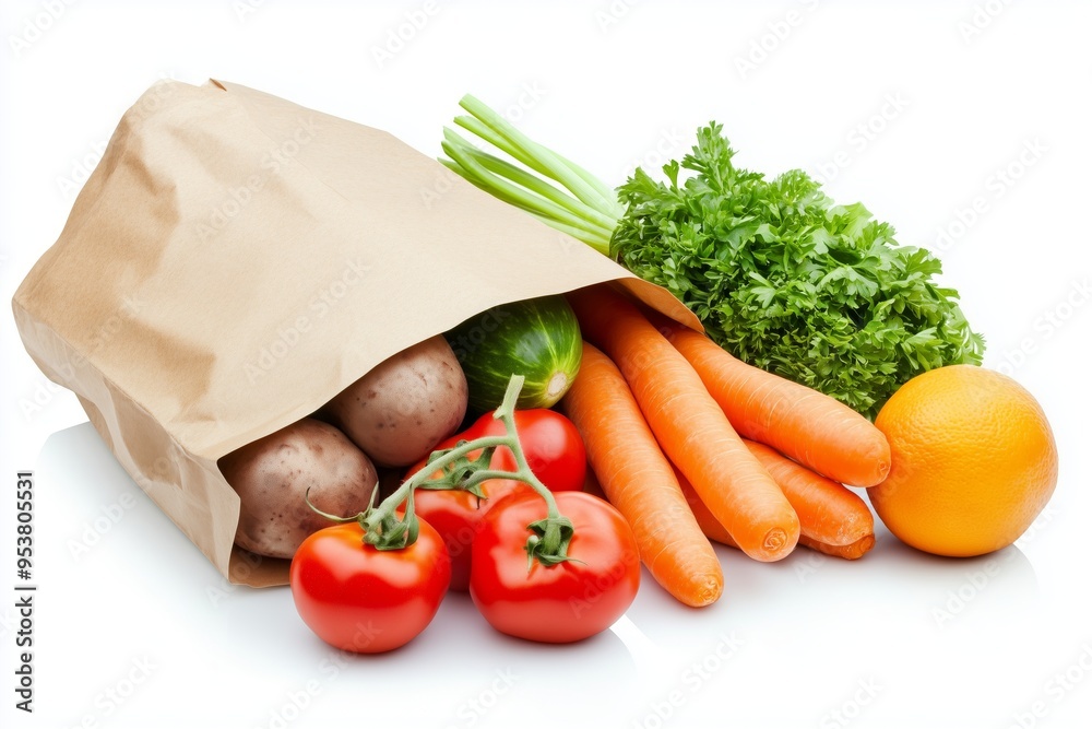 Paper bag spilling fresh vegetables and fruits onto white surface showcasing healthy eating and farm-to-table practices. Fresh produce concept Paper bag spilling fresh vegetables and fruits onto white surface showcasing healthy eating and farm-to-table practices. Fresh produce concept