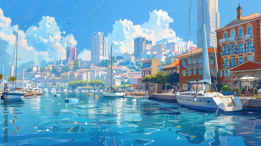 Obraz premium city landscape with a prominent waterfront area, featuring marinas, promenades, and waterfront buildings.