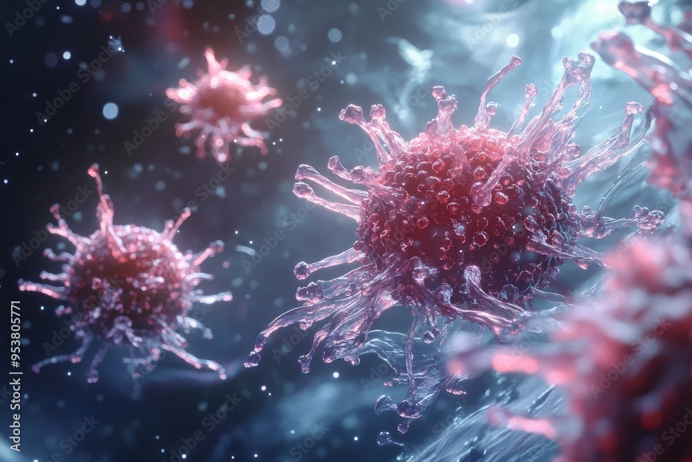A Close-Up View of a Virus with Spikes and a Red Core A Close-Up View of a Virus with Spikes and a Red Core