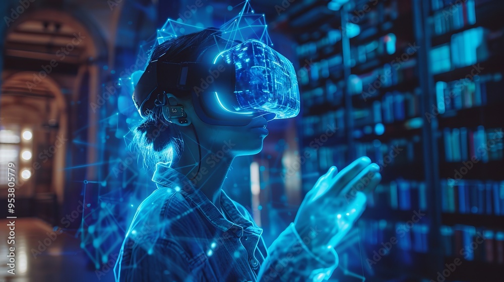 College student using AI apparatus while wearing a VR headset. Generative Ai College student using AI apparatus while wearing a VR headset. Generative Ai