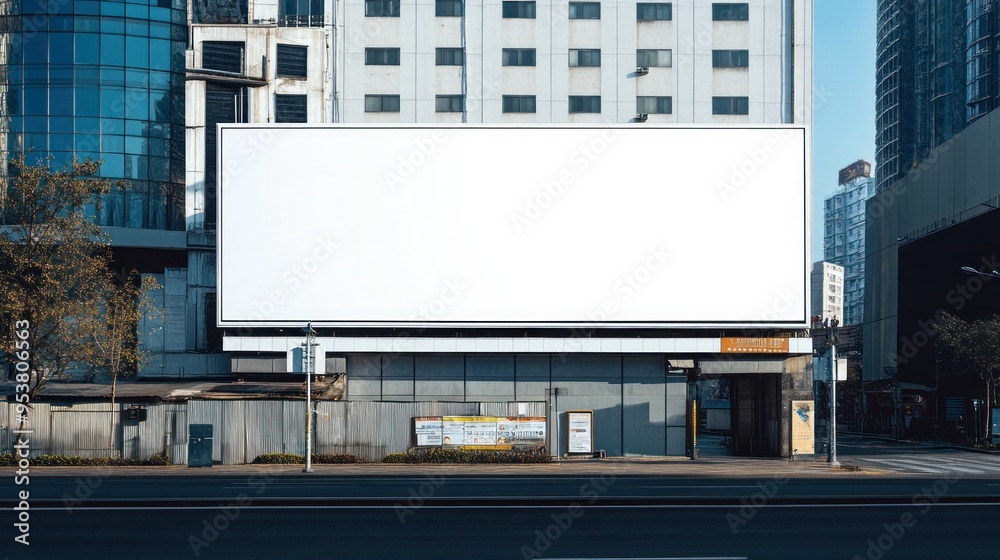 Blank billboard on the side of a street with urban buildings in the background, possibly waiting for an advertisement to be displayed. No people visible. Blank billboard on the side of a street with urban buildings in the background, possibly waiting for an advertisement to be displayed. No people visible.