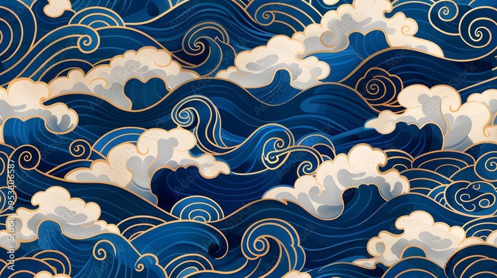 A blue and white pattern of waves with a lot of detail. The waves are very large and the pattern is very intricate A blue and white pattern of waves with a lot of detail. The waves are very large and the pattern is very intricate