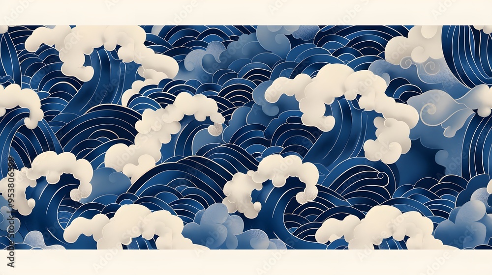 A blue and white pattern of waves with a lot of detail. The waves are very large and the pattern is very intricate