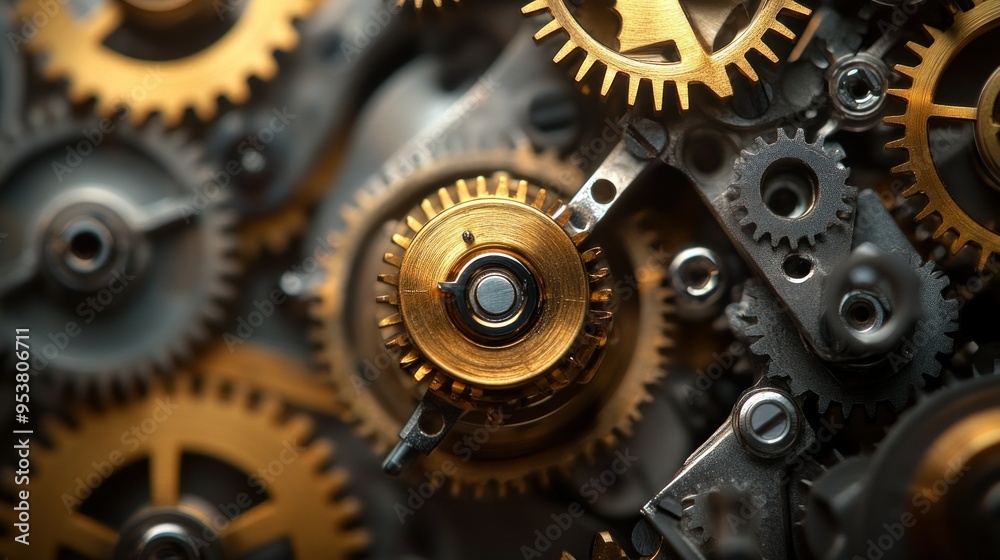 Close-up of Interlocking Gears in a Complex Mechanism Close-up of Interlocking Gears in a Complex Mechanism