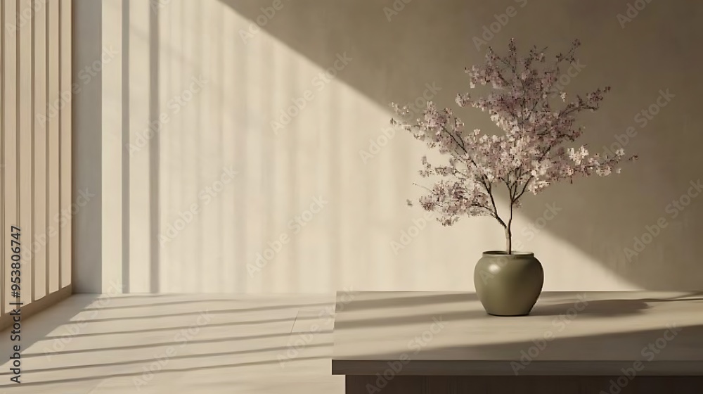 Blooming Cherry Branch in a Vase with Sunlight Streaming Through Window Blinds Blooming Cherry Branch in a Vase with Sunlight Streaming Through Window Blinds