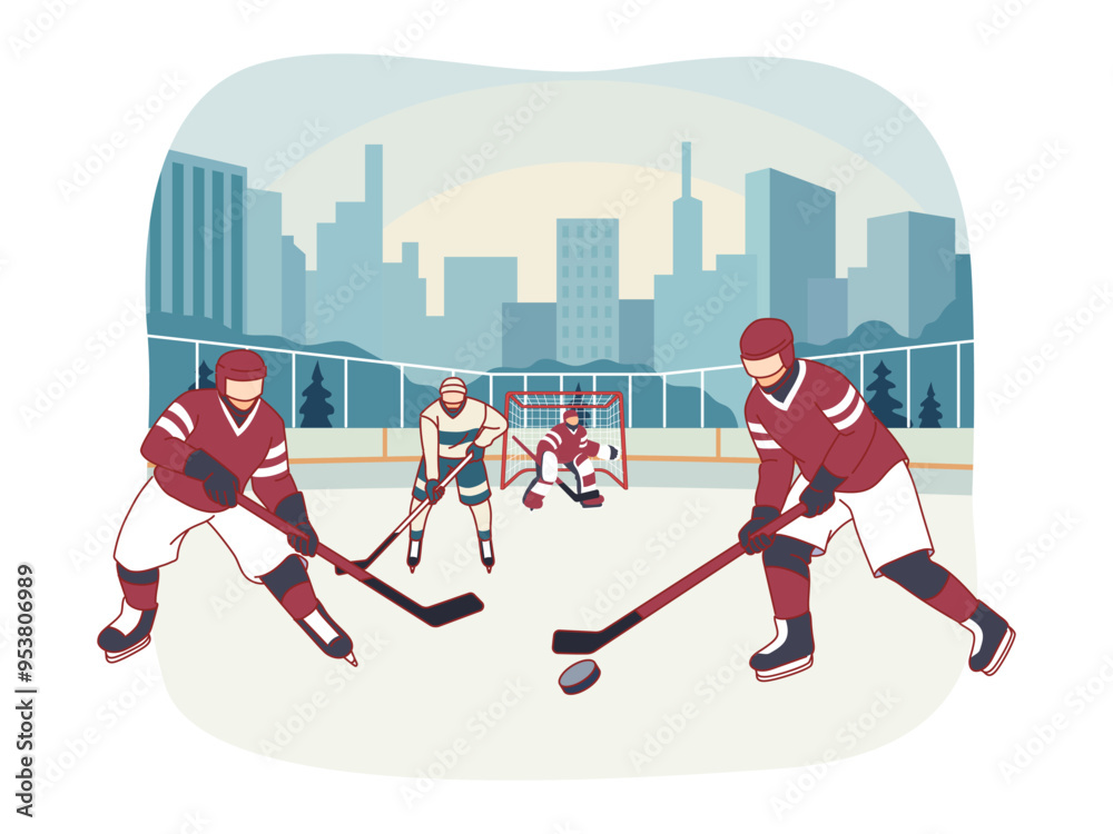 Fototapeta premium Ice hockey. Athletes in uniform skating with clubs, attackers aiming at goal, goalkeeper repels attacks, team sports game, tournament or championship cartoon flat isolated vector concept