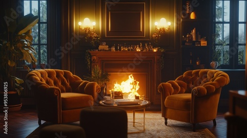 Two Armchairs Facing a Cozy Fireplace in a Luxurious Living Room