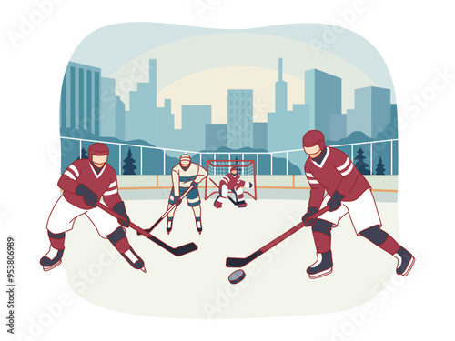 Ice hockey. Athletes in uniform skating with clubs, attackers aiming at goal, goalkeeper repels attacks, team sports game, tournament or championship cartoon flat isolated vector concept