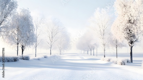 A beautiful winter landscape with white, snow-covered trees and roads covered in fresh powder, creating an enchanting scene of nature's beauty