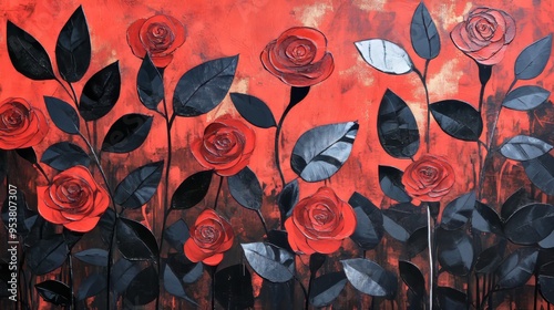 Abstract Artwork of Red Rose Blossoms with Black Leaves for Wall Decoration or Gift Generative AI