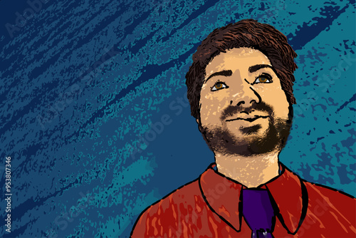 businessman with beard thinking drawing illustration on blue copy space background
