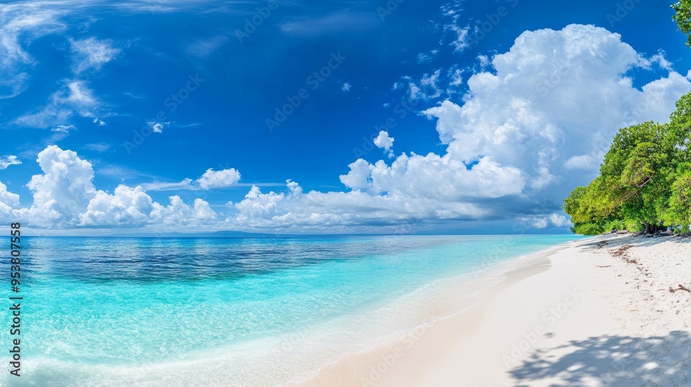 Fototapeta premium Beautiful Beach with White Sand and Turquoise Ocean Water, Panoramic View of a Sunny Day Generative AI