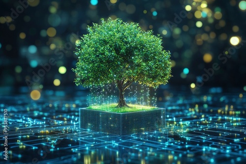 Tree growing on Circuit Digital Cube. Digital and Technology Convergence. Blue light and Wireframe network background. Green Computing, Green Technology, Green IT, with generative ai