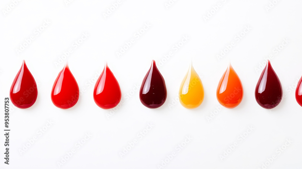 Obraz premium A row of drops of different colors, including red, orange, and yellow