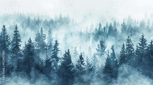 Illustration of a foggy forest environment in watercolor. Generative Ai