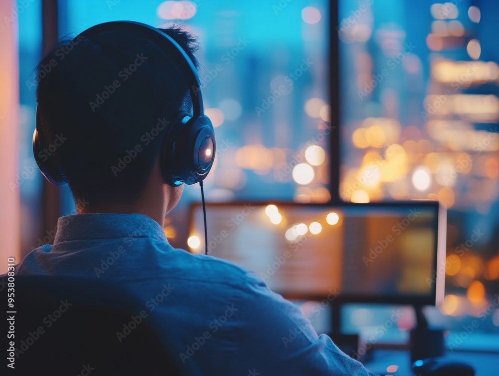 Businessman wearing headset working actively in office - Call center telemarketing customer support agent Generative AI Businessman wearing headset working actively in office - Call center telemarketing customer support agent Generative AI