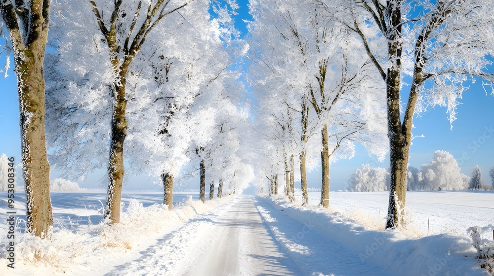 Obraz premium A beautiful winter landscape with white, snow-covered trees and roads covered in fresh powder, creating an enchanting scene of nature's beauty