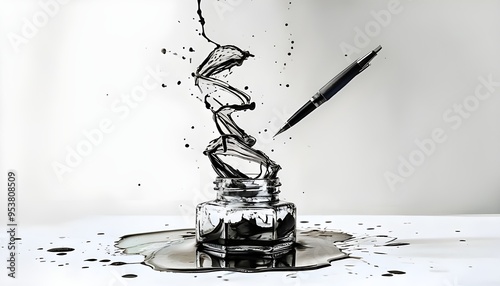 Pen and ink spilled ink above an inkwell