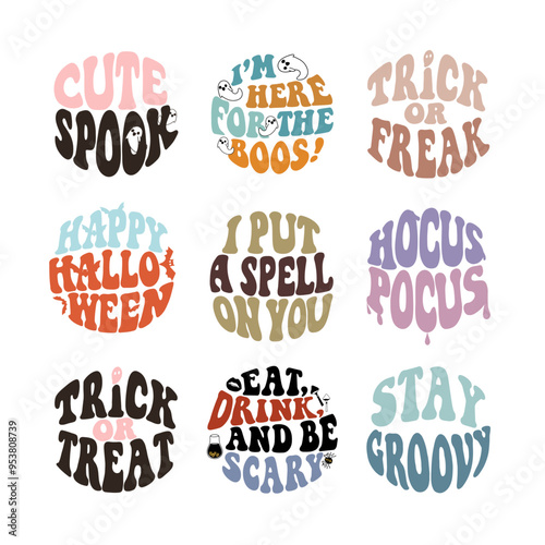 Groovy Halloween typography design featuring various spooky phrases like Cute Spook, I am Here for the Boos, and Hocus Pocus in retro style with playful, colorful text. photo