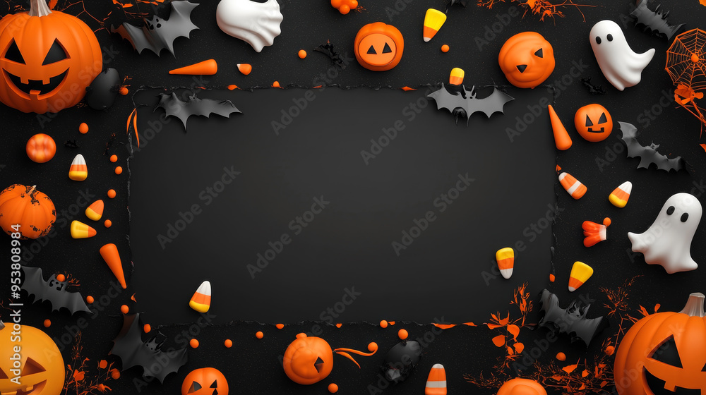 A Halloween themed background with pumpkins, bats, and ghosts