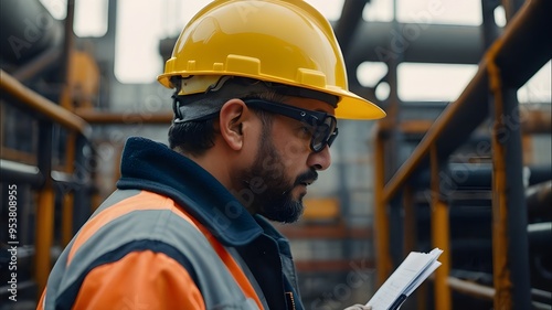 Portrait of successful man constructor wearing yellow helmet and safety yellow vest. Portrait of architect standing at building site and using tablet. He is inspecting how the work is going.