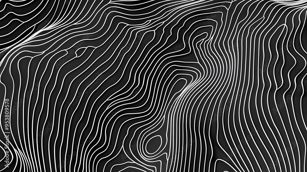 Abstract black and white topographic lines background art with wavy ...