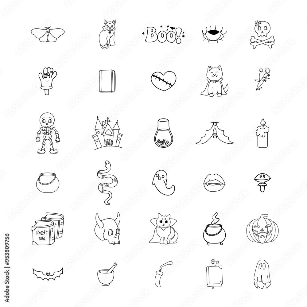 Groovy Halloween icon set with hand-drawn, minimalist designs, featuring spooky elements like skulls, cats, ghosts, bats, and potions in a retro style. Groovy Halloween icon set with hand-drawn, minimalist designs, featuring spooky elements like skulls, cats, ghosts, bats, and potions in a retro style.