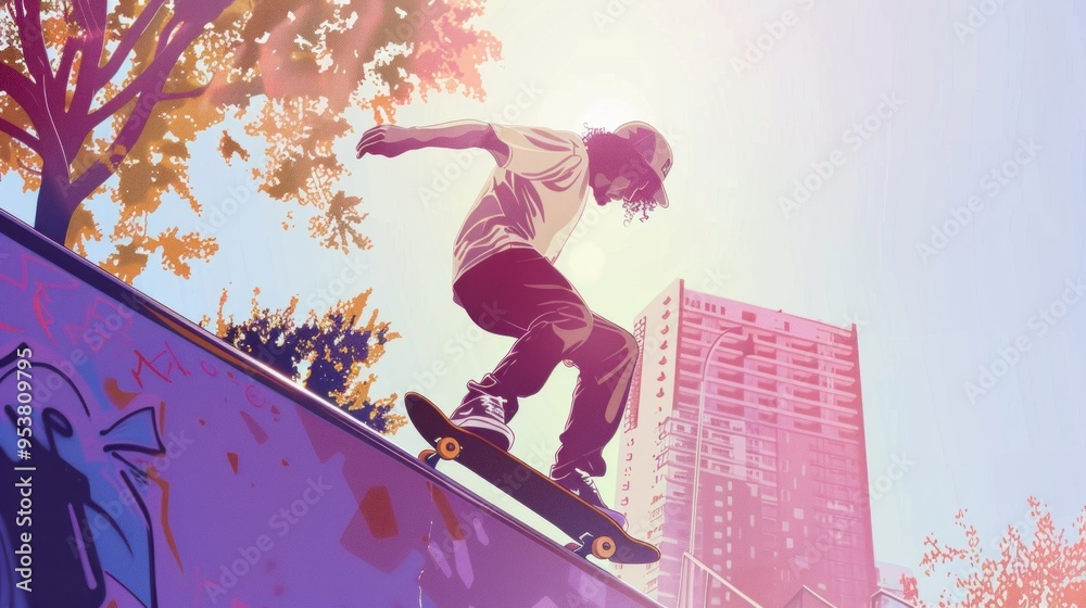 Naklejka premium A skateboarder grinding a rail flat design side view skate park action theme cartoon drawing Tetradic color scheme.