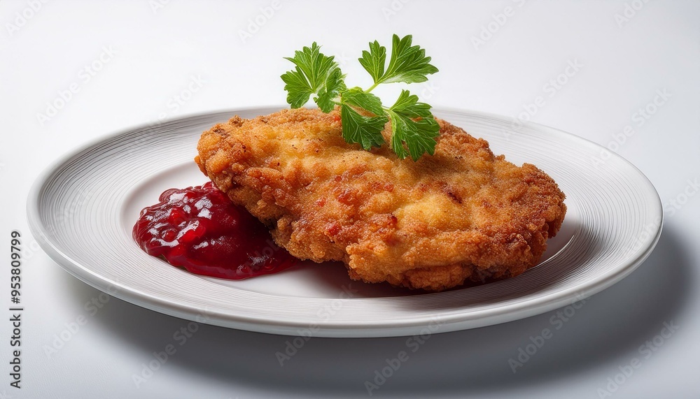 A schnitzel cutlet served with a sprig of parsley and a small dollop of cranberry sauce on t A schnitzel cutlet served with a sprig of parsley and a small dollop of cranberry sauce on t