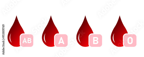 Blood group symbols. AB B A O red icons of blood groups in the form of water drops. Vector illustration