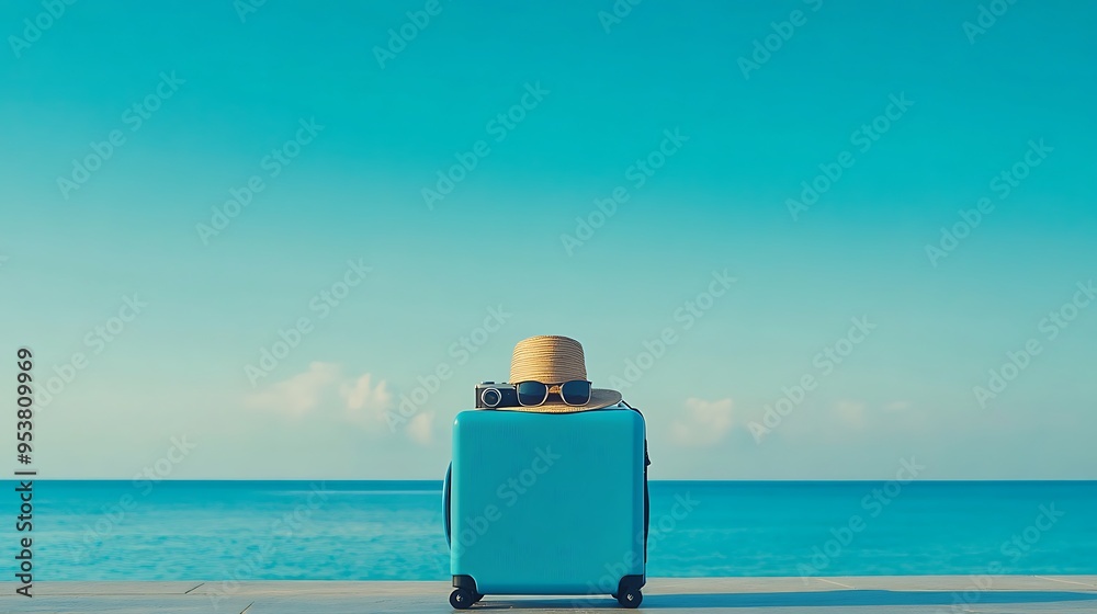 Blue Suitcase with Hat and Sunglasses on a Beach Blue Suitcase with Hat and Sunglasses on a Beach
