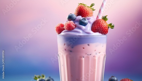 A vibrant mixed berry milkshake, swirling with shades of pink and purple, topped with a few photo